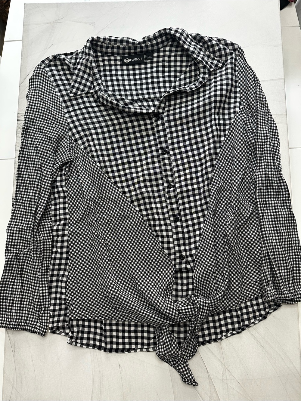BAKU Black & White Gingham Tie-Front Button Shirt - Women XL